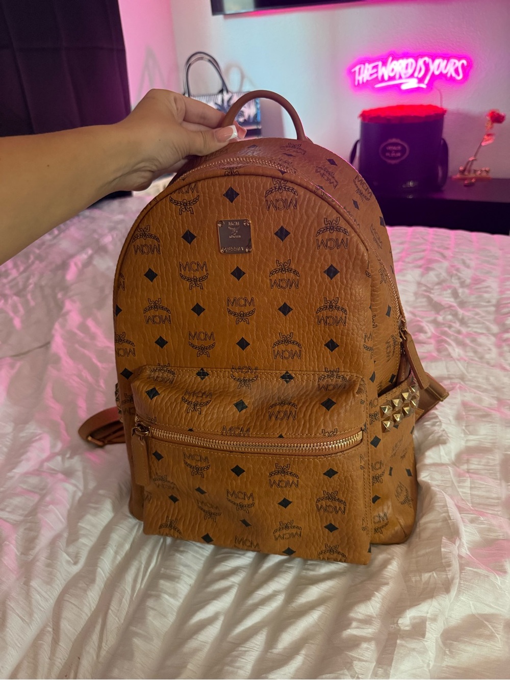 MCM Cognac Visetos Logo Backpack with Gold Studs